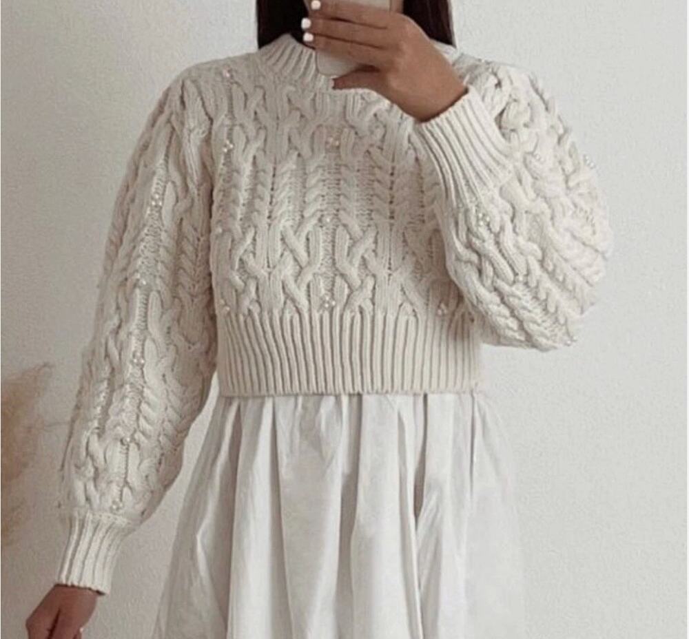 House of Harlow 1960 Womens S Ivory Cable Knit Pearl Wool Blend Sweater